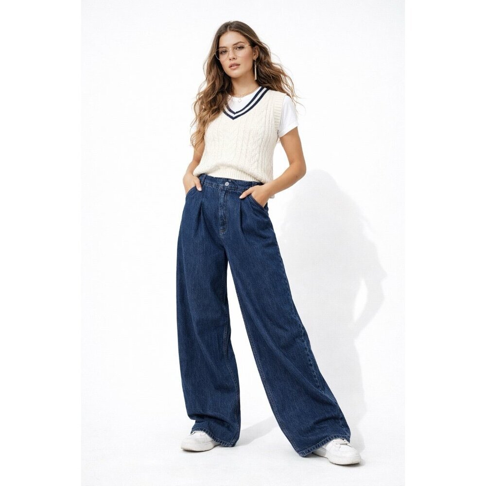 ABERCROMBIE & FITCH wide leg trouser jeans blue 34 18R pleated preppy casual